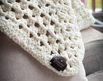 Crochet Lap Blanket, Lapghan, Personalized, Granny Square Leather Patch