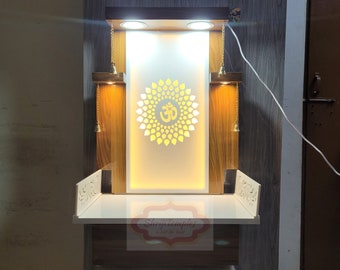Shriji Temples Customized Wooden temple with LED Light for Home and Office Puja Mandir Wall Hanging & Table Top White Mandir MADE in INDIA