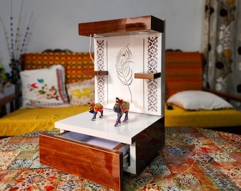 Templo de madera Pooja Mandir con luz LED para colgar en la pared o sobre una mesa (decoración del hogar)
