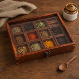 May include: A rectangular wooden spice box with a clear glass lid and a metal latch, containing twelve square compartments filled with various colorful spices and herbs. A small wooden spoon is placed next to the box on a wooden surface.
