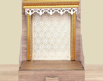 Templo de madera Pooja Mandir con luz LED para colgar en la pared o sobre una mesa (decoración del hogar)