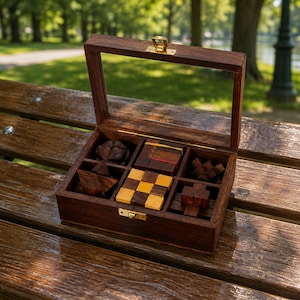 May include: A dark brown wooden storage box with a hinged glass lid and gold-tone metal latch containing six distinct wooden brain teaser puzzles. The puzzles feature various geometric shapes and contrasting light and dark wood tones.