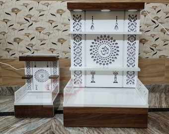 Shriji Temples Customized Wooden temple with LED Light for Home and Office Puja Mandir Wall Hanging & Table Top White Mandir MADE in INDIA