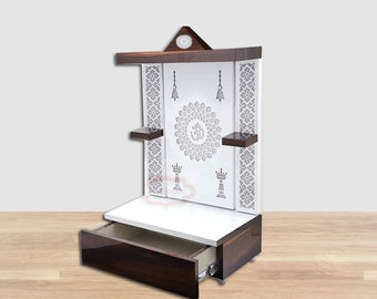 Templo de madera Pooja Mandir con luz LED para colgar en la pared o sobre una mesa (decoración del hogar)