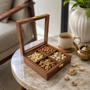 May include: A square wooden box with a hinged glass lid and a gold-toned metal latch. The interior is divided into four equal compartments, each filled with a different type of nut: almonds, cashews, pistachios, and shelled walnut halves.