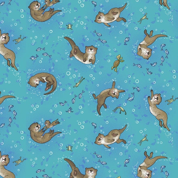 Otter Fabric, Underwater Otters on Blue by Sharon Kuplack for Henry Glass Quilting Cotton Fabric