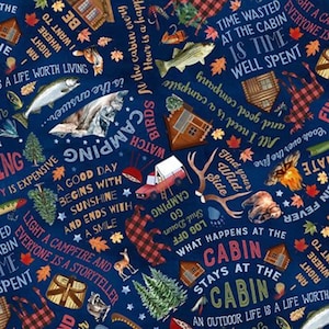 Cabin Life Fabric, Campfire Wisdom from the Cabin Rules Collection by Timeless Treasures Quilting Cotton Fabric, Camping Words