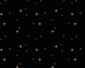 Black Blender Fabric, Sparkler on Black Riley Blake Quilting Cotton Fabric, Gold Metallic Plus Signs, SC650-BLACK