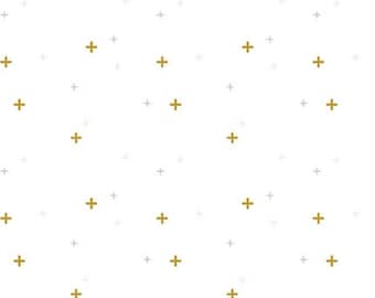 White Blender Fabric, Sparkler on White Riley Blake Quilting Cotton Fabric, Gold Metallic Plus Signs, SC650-White