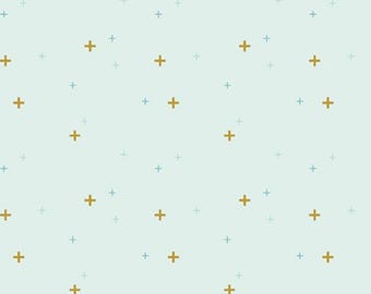 Light Blue Green Blender Fabric, Sparkler on Bleached Denim Riley Blake Quilting Cotton Fabric, Gold Metallic Plus Signs, SC650-BLEACHED