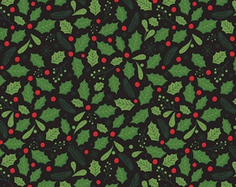 Holly Leaves Fabric, Holly Leaves and Berries on Black The Magic Of Christmas by Lori Whitlock Riley Blake Quilting Cotton Fabric