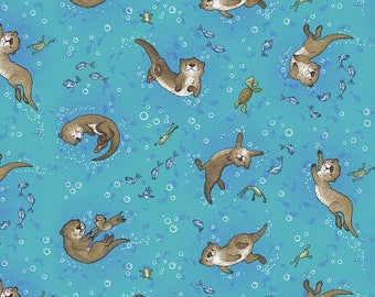 Otter Fabric, Underwater Otters on Blue by Sharon Kuplack for Henry Glass Quilting Cotton Fabric