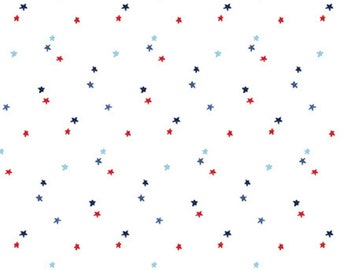 Patriotic Stars Fabric, Seasonal Basics Red and Blue Stars on White by Riley Blake Designs Quilting Cotton Fabric, Patriotic Star Blender