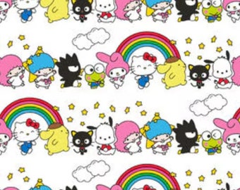 Hello Kitty Fabric, Hello Kitty Rainbow Friends on White Sanrio Licensed by Springs Creative Novelty Cotton Fabric