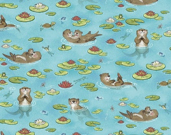 Otter Fabric, Otters and Lily Pads on Teal by Sharon Kuplack for Henry Glass Quilting Cotton Fabric, River Romp