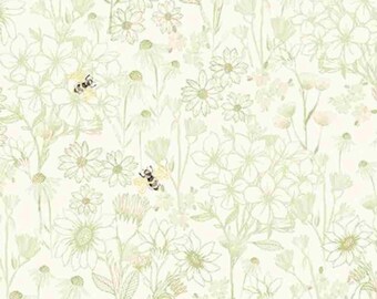 Honey Bee Fabric, Sage Floral Toile and Bees on Cream Home Sweet Home Collection by Timeless Treasures Quilting Cotton Fabric, Floral Bee