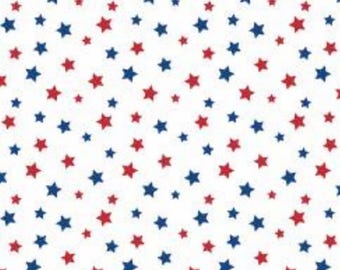 Patriotic Stars Fabric, Patriotic Red and Blue Stars on White by Benartex Quilting Cotton Fabric, Star Blender Fabric 14151B-09