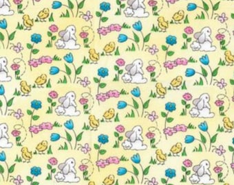 Spring Easter Bunnies and Chicks on Yellow Novelty Cotton Fabric by Fabric Traditions, Easter Bunny Fabric, Rabbits, Bunnies and Flowers