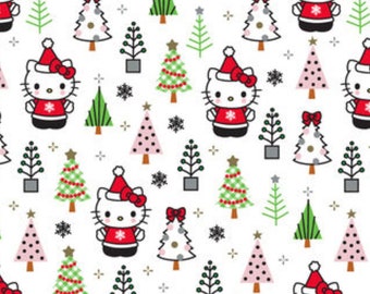 Hello Kitty Christmas Fabric, Hello Kitty and Trees on White Licensed by Sanrio for Springs Creative Novelty Cotton Fabric