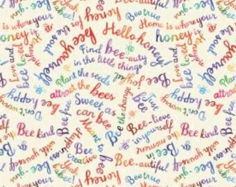 Bee Words Fabric, Rainbow Bee Phrases, Multi Bee Creative on Cream Meant to Bee by Michael Miller Quilting Cotton Fabric DDC12005-MULT