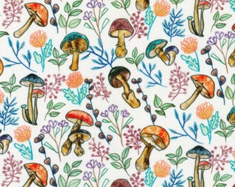 Mushroom Floral Fabric, Mushroom Field on White by AVKD for Robert Kaufman Novelty Cotton Fabric