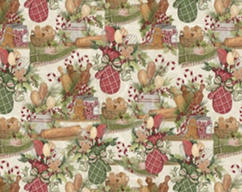 Christmas Baking Fabric, Gingerbread Kitchen by Susan Winget for Springs Creative Christmas Novelty Cotton Fabric, Holiday Cooking Fabric