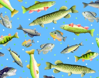 Fish Fabric, Gone Fishing Light Blue Sail Away by Andi Metz for Benartex Kanvas Studio Quilting Cotton Fabric, 14444-50B
