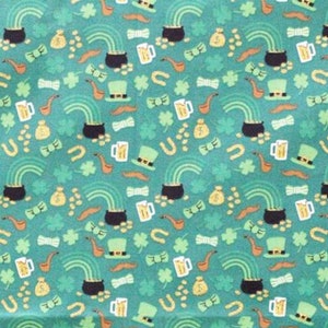 Leprechaun Gold Fabric, Lucky Day Icons On Green Glitter St. Patrick&#39;s Day Cotton Fabric
