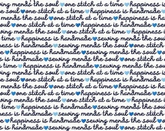 Sewing Words Blender Fabric, Blue Stitch Text by Riley Blake Quilting Cotton Fabric, Sewing Phrases, Sewing Mends the Soul, Blue hearts