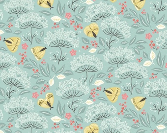 Moth Floral Fabric, Moth Haven on Turquoise Cottage Garden Collection by Kimberly Morgan for Cloud 9 Organic Quilting Cotton Fabric 228026-X
