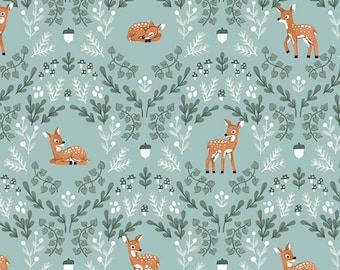 Deer Fabric, Wild Fawns Twilight Creatures on Songbird Green by Natàlia Juan Abelló for Riley Blake Quilting Cotton Fabric, C15361-SONGBIRD