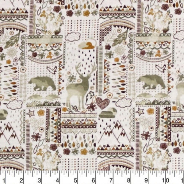 Woodland Animal Flannel Fabric, Bohemian Nature Neutral on White Snuggle Flannel Fabric, Deer Bear and Mountains Flannel