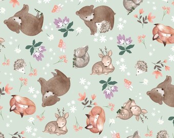 Woodland Animal Fabric, Mint Woodland Wander by Jo Taylor for 3 Wishes Quilting Cotton Fabric, Woodland Nursery Fabric, Baby Bear Fabric