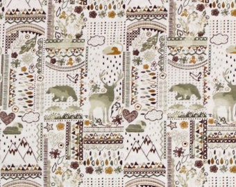 Woodland Animal Flannel Fabric, Bohemian Nature Neutral on White Snuggle Flannel Fabric, Deer Bear and Mountains Flannel