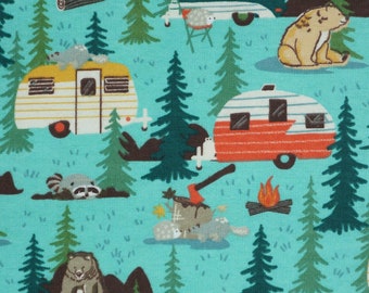 Camping Animals Flannel Fabric, Camping Critters on Green Super Snuggle Novelty Cotton Flannel Fabric