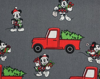 Mickey Red Truck with Christmas Tree Disney Licensed by Springs Creative Christmas Novelty Cotton Fabric, Shopping Mickey and Minnie