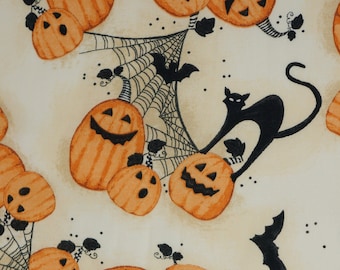 Halloween Black Cats and Pumpkins Fabric by Lorilynn Simms for Springs Creative Halloween Novelty Cotton Fabric, Trick or Treat Fabric