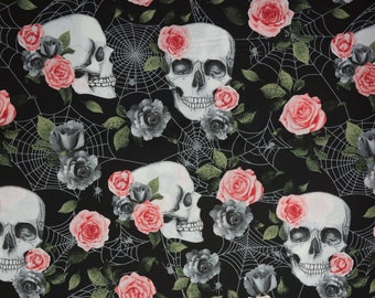 Skulls Fabric, Skulls and Pink Roses on Black Halloween by Fabric Traditions Novelty Cotton Fabric, Pink Skull Fabric, Skulls and Spiderwebs