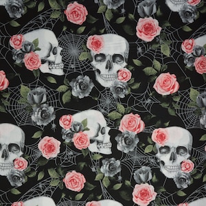 Skulls Fabric, Skulls and Pink Roses on Black Halloween by Fabric Traditions Novelty Cotton Fabric, Pink Skull Fabric, Skulls and Spiderwebs