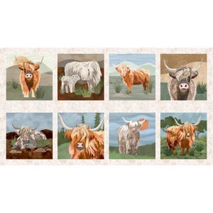 May include: A set of eight square art prints featuring Highland cows in various poses. The cows are depicted in shades of brown, white, and gray, set against a backdrop of rolling hills and a muted color palette. Each print showcases a different cow.