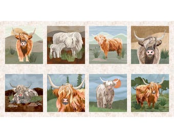Highland Cow Panel Fabric, Highland Cows 24"x43" Panel by Studio E Quilting Cotton Fabric, Highland Cows Patchwork 8627BS-11