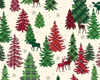 Plaid Forest Fabric, Plaid Forest on Cream Holiday Farmhouse Plaid by Benartex Kanvas Studio Quilting Cotton Fabric 14396-07B