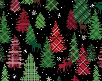 Plaid Forest Fabric, Plaid Forest on Cream Holiday Farmhouse Plaid by Benartex Kanvas Studio Quilting Cotton Fabric 14396-12B