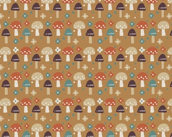 Mushroom Fabric, Cottage Mushrooms on Clay Orange Cottage Core by Jessica Flick for Benartex Quilting Cotton Fabric 16378B-88