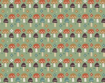 Mushroom Fabric, Cottage Mushrooms on Sage Green Cottage Core by Jessica Flick for Benartex Quilting Cotton Fabric 16378B-44