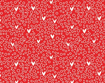 Valentine Dots Fabric, Dots and Hearts on Red You & Me Collection by Sandy Gervais for Riley Blake Designs Quilting Cotton Fabric C15402-RED