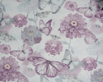 Grey and dusky pastels floral pattern fabric with butterflies