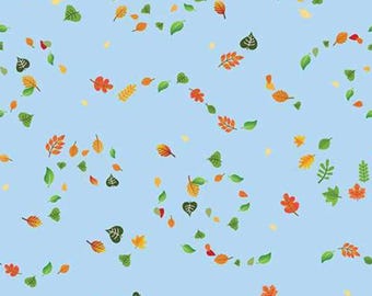 Fall Leaves Fabric, Swirling Leaves on Sky Blue Hayrides & Happiness by Benartex Kanvas Studio Quilting Cotton Fabric, 12706-54B