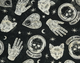 Mystical Halloween on Black Novelty Cotton Fabric, Palm Reading, Crystal Ball, Fortune Telling