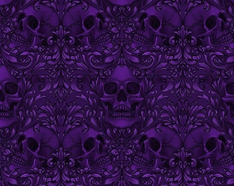 Skull Fabric, Skull Damask on Purple Mystic Moonlight by Rachel Hauer for FreeSpirit Quilting Cotton Fabric, Spooky Fabric PWRH089.PURPLE